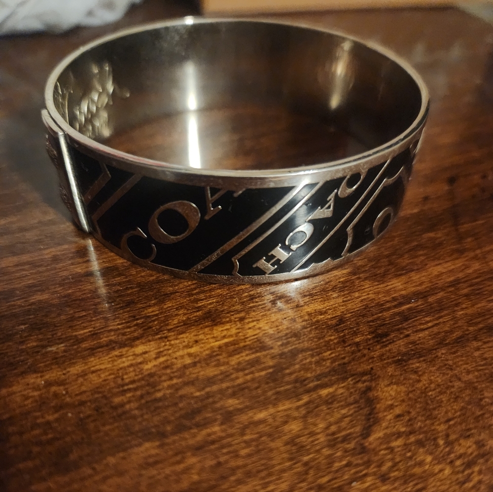 Coach Black and Silver Logo Hinged Bangle Bracelet
